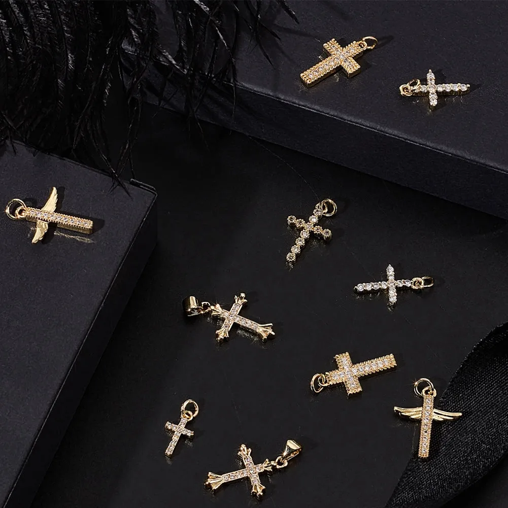12Pcs 6 Style Brass Micro Pave Clear Cubic Zirconia Charms, with Jump Ring, Cross, Real 18K Gold Plated, 14~21x7.5~15x2.5~2.8mm, Hole: 3.4mm, 2pcs/style
