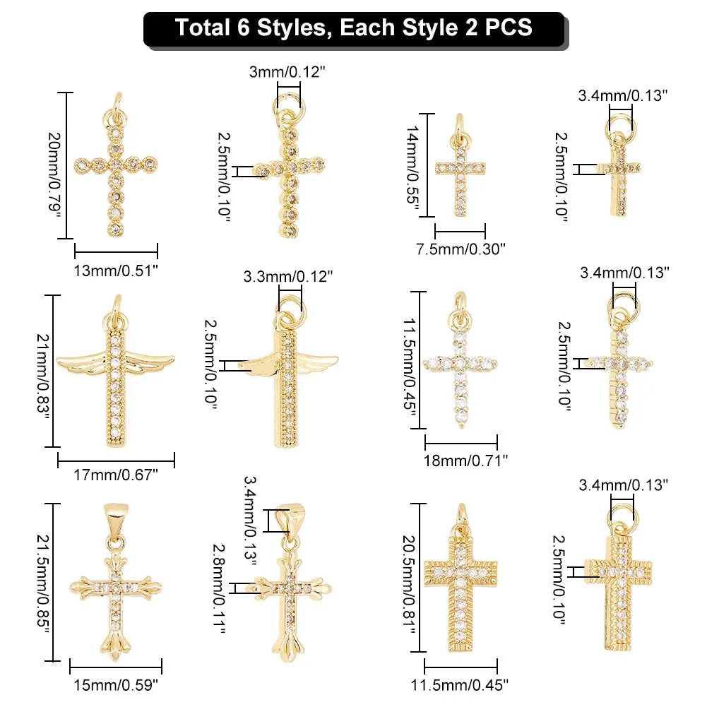 12Pcs 6 Style Brass Micro Pave Clear Cubic Zirconia Charms, with Jump Ring, Cross, Real 18K Gold Plated, 14~21x7.5~15x2.5~2.8mm, Hole: 3.4mm, 2pcs/style