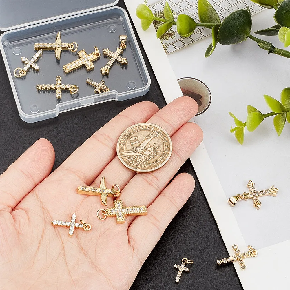 12Pcs 6 Style Brass Micro Pave Clear Cubic Zirconia Charms, with Jump Ring, Cross, Real 18K Gold Plated, 14~21x7.5~15x2.5~2.8mm, Hole: 3.4mm, 2pcs/style