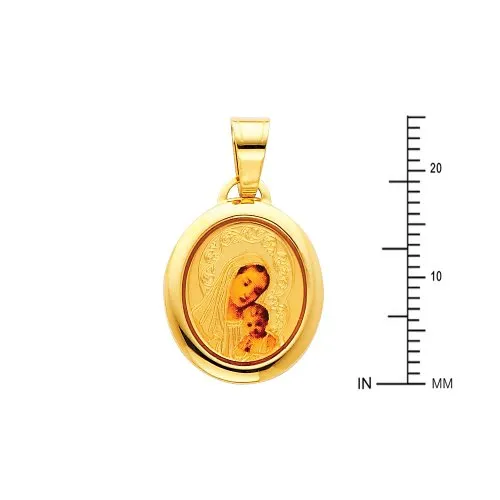 14k Yellow Gold Religious Blessed Virgin Mary and Jesus Enamel Picture Charm Pendant