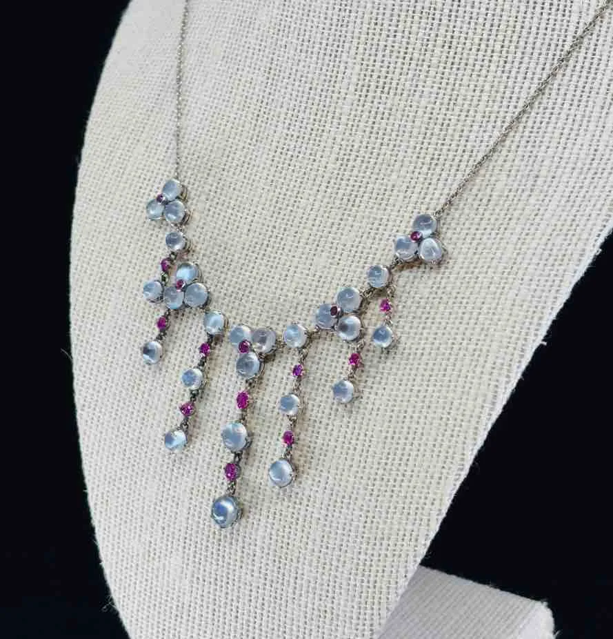 1920s Moonstone and Ruby Silver Fringe Necklace