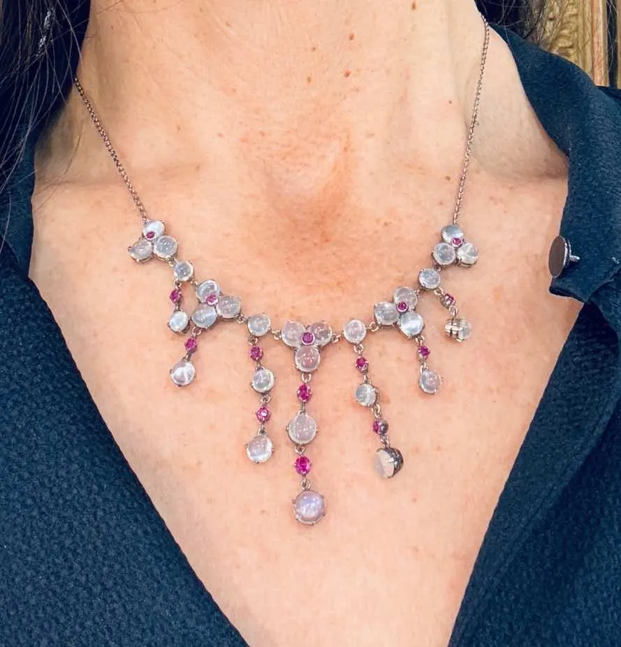 1920s Moonstone and Ruby Silver Fringe Necklace