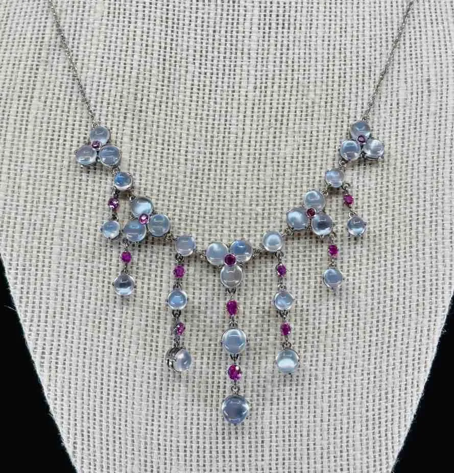 1920s Moonstone and Ruby Silver Fringe Necklace