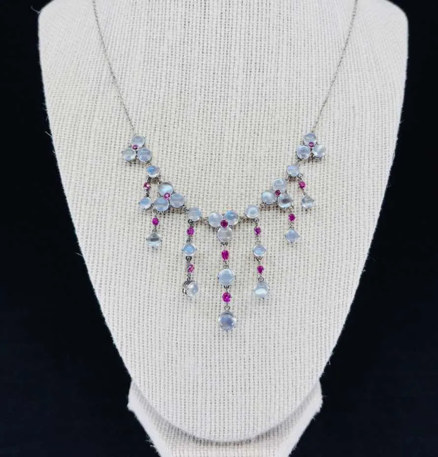 1920s Moonstone and Ruby Silver Fringe Necklace