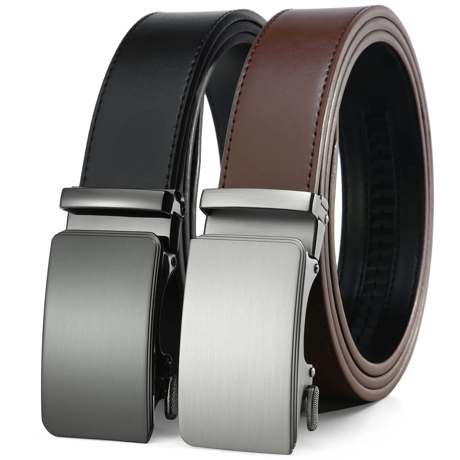 2 Pack Ratchet Belt 1 3/8", Leather Dress Belt with Click Sliding Buckle in Gift Set Box, Mens Adjustable Belt Trim to Fit (02 Black/Brown Genuine Leather belt, 28"-42" Waist Adjustable)