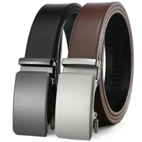 2 Pack Ratchet Belt 1 3/8", Leather Dress Belt with Click Sliding Buckle in Gift Set Box, Mens Adjustable Belt Trim to Fit (02 Black/Brown Genuine Leather belt, 28"-42" Waist Adjustable)