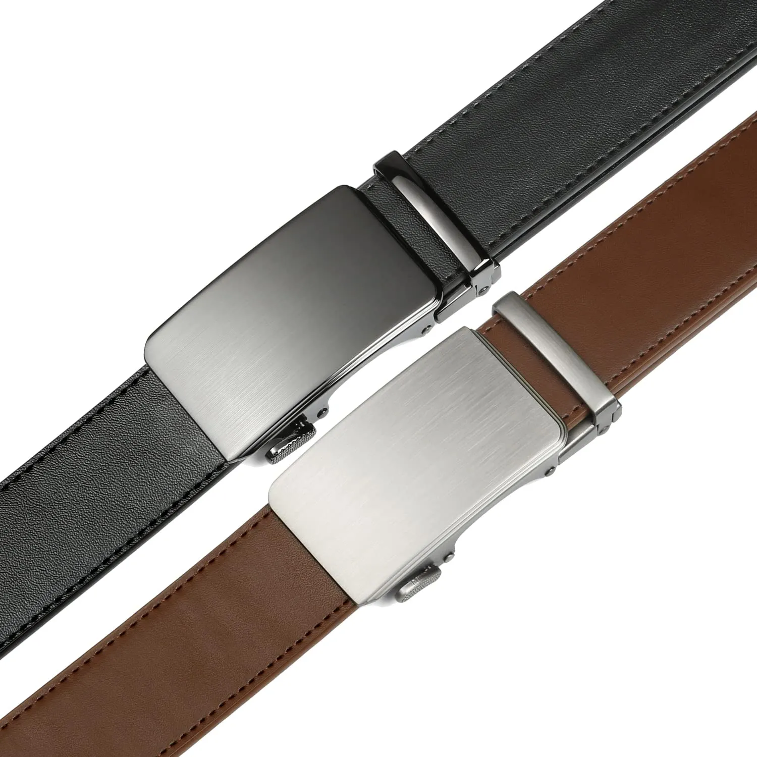 2 Pack Ratchet Belt 1 3/8", Leather Dress Belt with Click Sliding Buckle in Gift Set Box, Mens Adjustable Belt Trim to Fit (02 Black/Brown Genuine Leather belt, 28"-42" Waist Adjustable)