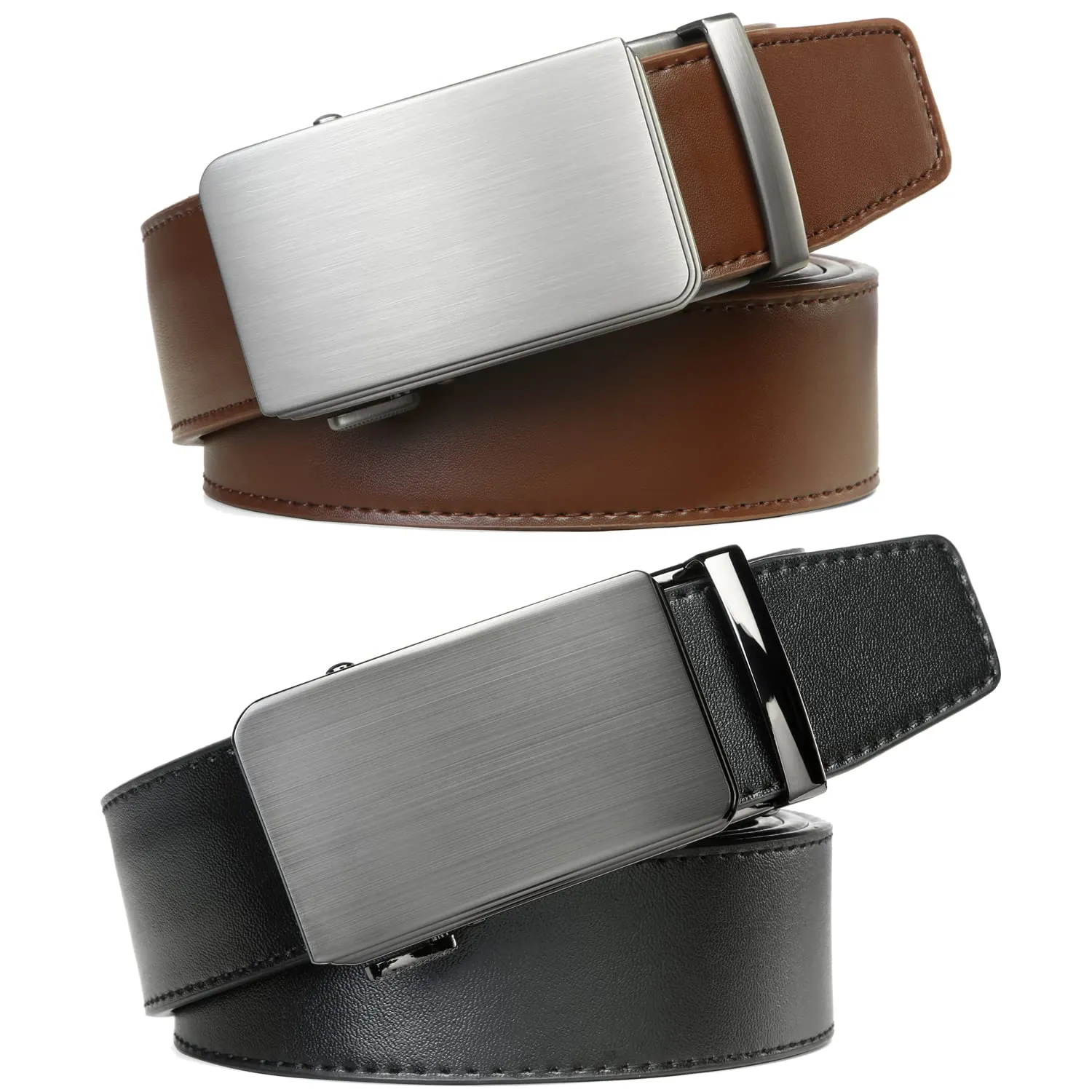 2 Pack Ratchet Belt 1 3/8", Leather Dress Belt with Click Sliding Buckle in Gift Set Box, Mens Adjustable Belt Trim to Fit (02 Black/Brown Genuine Leather belt, 28"-42" Waist Adjustable)