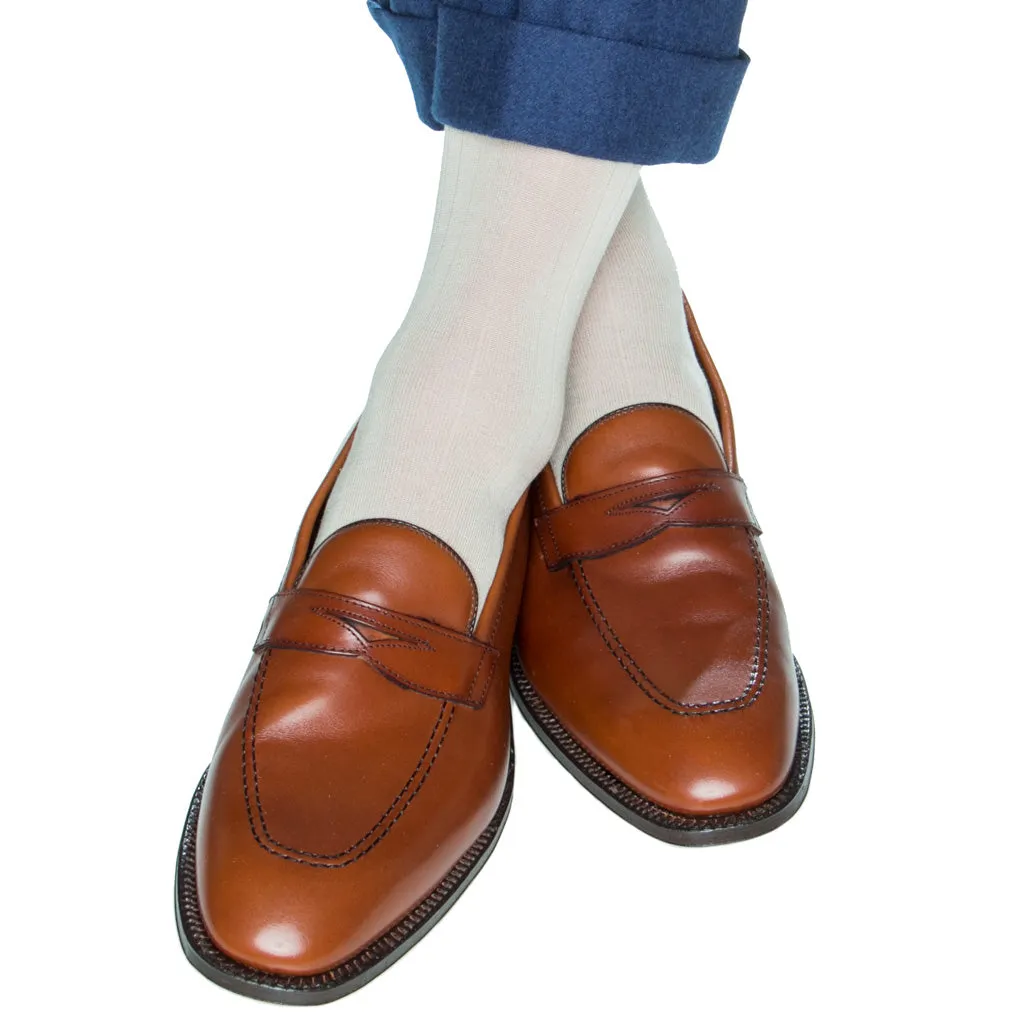 22-Tan Solid Ribbed Cotton Sock Linked Toe Mid-Calf