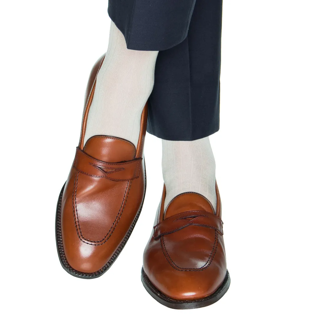 22-Tan Solid Ribbed Cotton Sock Linked Toe Mid-Calf