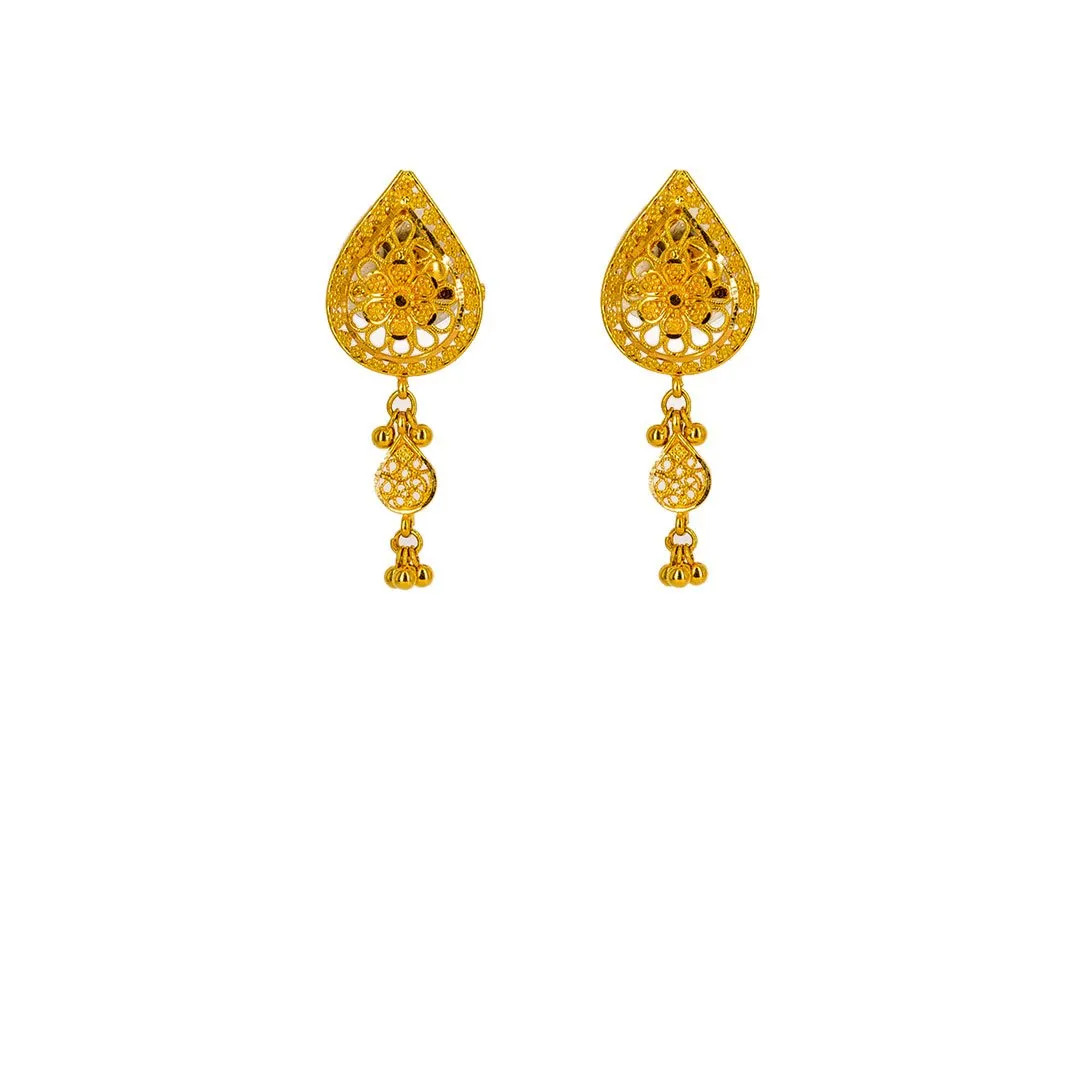 22K Yellow Gold Earrings W/ Double Teardrop Pendants & Floral Filigree Designs