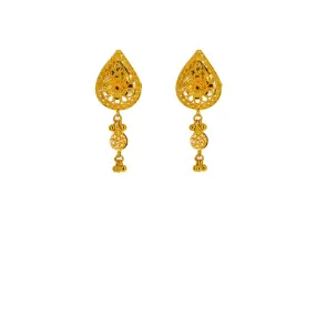 22K Yellow Gold Earrings W/ Double Teardrop Pendants & Floral Filigree Designs