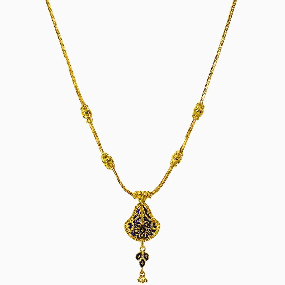 22K Yellow Gold Necklace and Earrings Set W/ Blue Enamel & Reversible Pendants