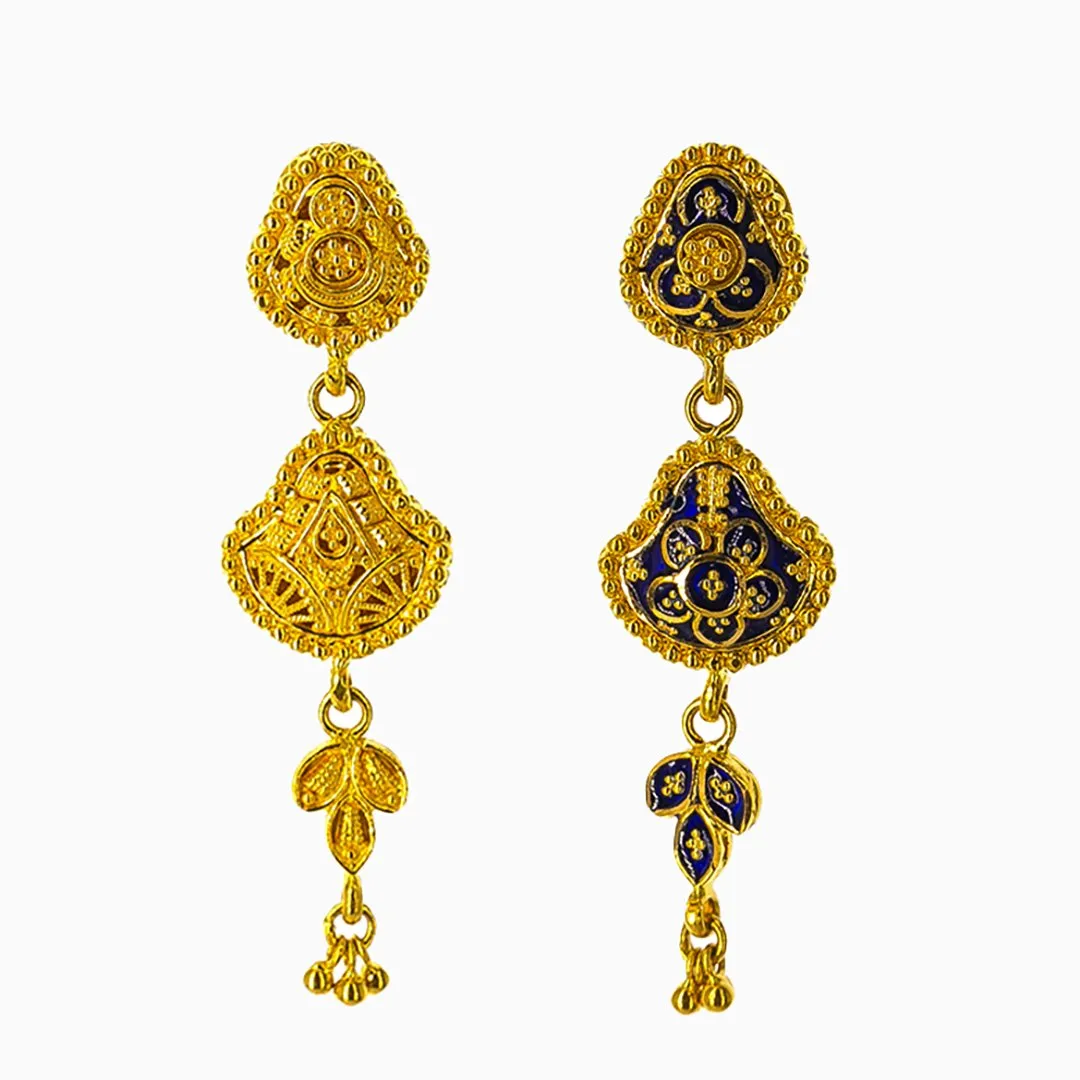 22K Yellow Gold Necklace and Earrings Set W/ Blue Enamel & Reversible Pendants