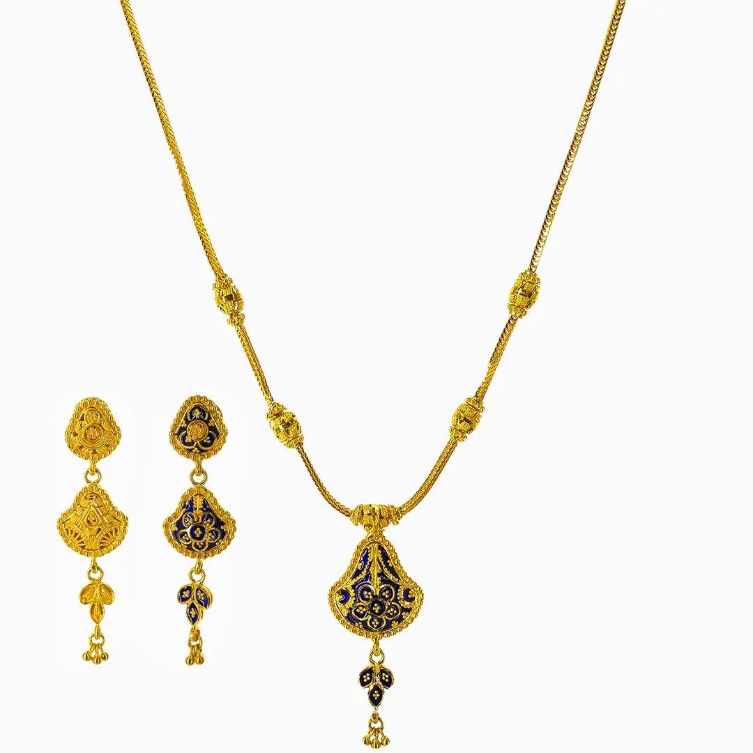 22K Yellow Gold Necklace and Earrings Set W/ Blue Enamel & Reversible Pendants