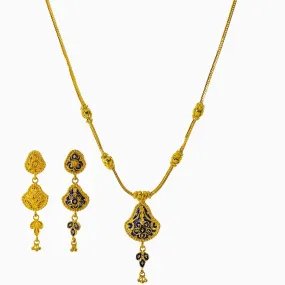 22K Yellow Gold Necklace and Earrings Set W/ Blue Enamel & Reversible Pendants