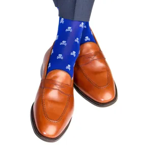 99-Clematis Blue with Sky Blue Skull and Crossbones Cotton Sock Linked Toe Mid-Calf