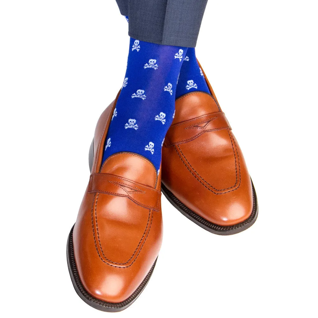 99-Clematis Blue with Sky Blue Skull and Crossbones Cotton Sock Linked Toe Mid-Calf