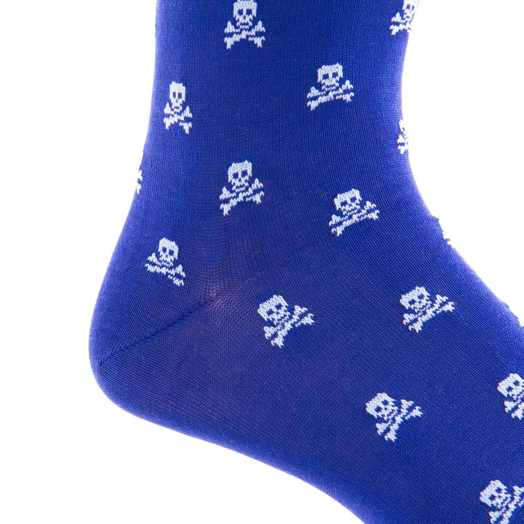 99-Clematis Blue with Sky Blue Skull and Crossbones Cotton Sock Linked Toe Mid-Calf