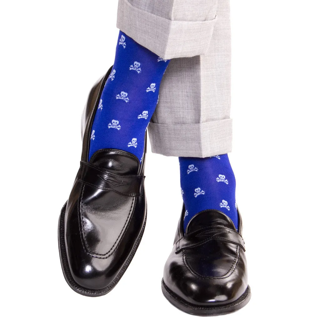 99-Clematis Blue with Sky Blue Skull and Crossbones Cotton Sock Linked Toe Mid-Calf
