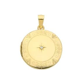 9CT GOLD ENGRAVED ROUND DIAMOND SET LOCKET