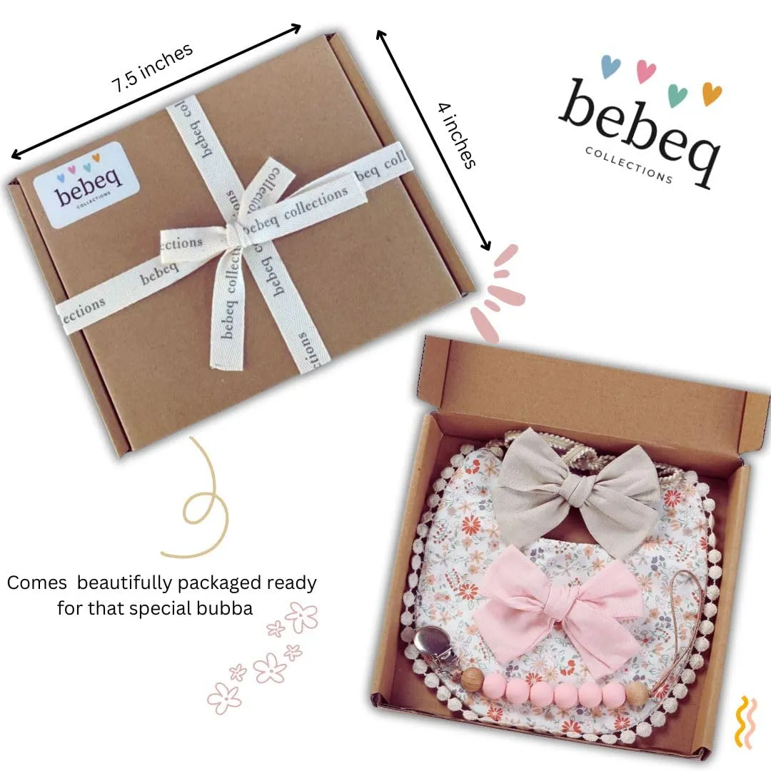 Baby Girl Reversible Bib set- Matching Headbands and Pacifier Clip, Set for 0-18 months drool bib paci set, girl accessories Floral/Beige