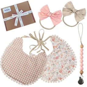 Baby Girl Reversible Bib set- Matching Headbands and Pacifier Clip, Set for 0-18 months drool bib paci set, girl accessories Floral/Beige