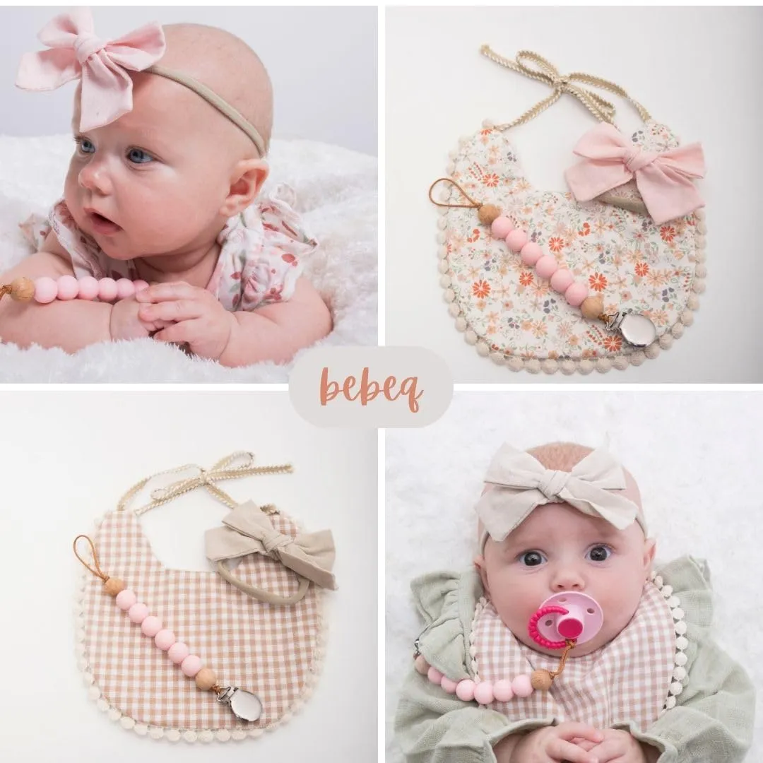 Baby Girl Reversible Bib set- Matching Headbands and Pacifier Clip, Set for 0-18 months drool bib paci set, girl accessories Floral/Beige