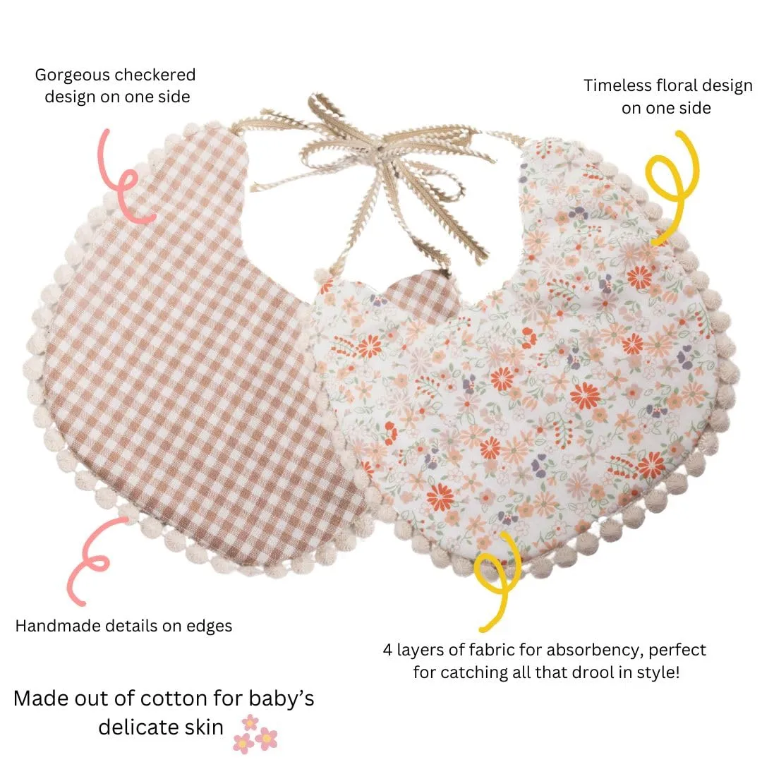 Baby Girl Reversible Bib set- Matching Headbands and Pacifier Clip, Set for 0-18 months drool bib paci set, girl accessories Floral/Beige