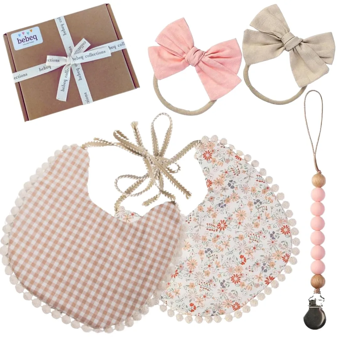 Baby Girl Reversible Bib set- Matching Headbands and Pacifier Clip, Set for 0-18 months drool bib paci set, girl accessories Floral/Beige