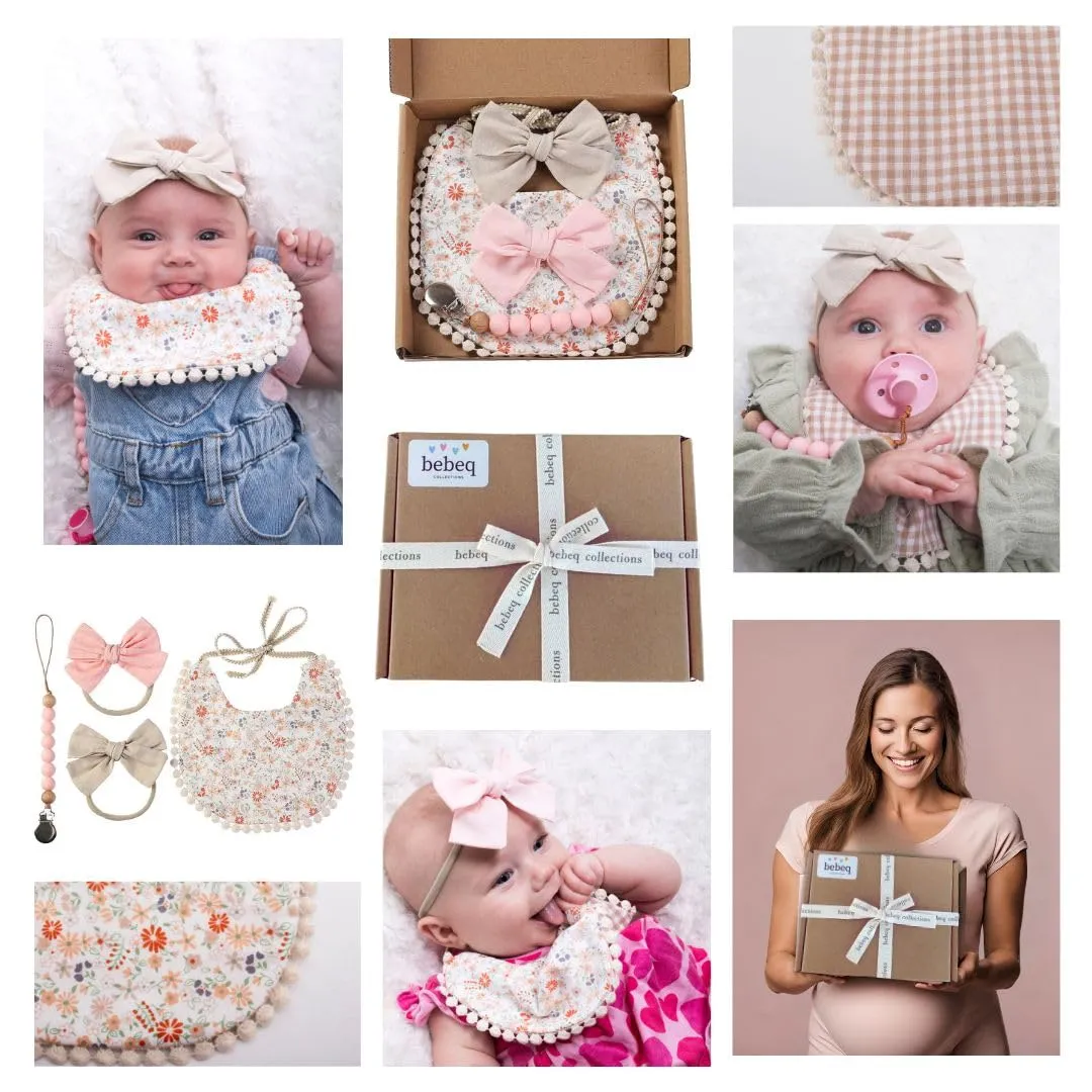 Baby Girl Reversible Bib set- Matching Headbands and Pacifier Clip, Set for 0-18 months drool bib paci set, girl accessories Floral/Beige