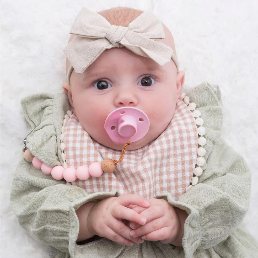 Baby Girl Reversible Bib set- Matching Headbands and Pacifier Clip, Set for 0-18 months drool bib paci set, girl accessories Floral/Beige