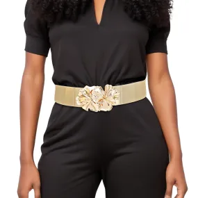 Belt Gold Wide Flower Buckle Stretch Belt Women