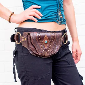 Bohemian Leaf with Stone Pocket Leather Belt in Brown