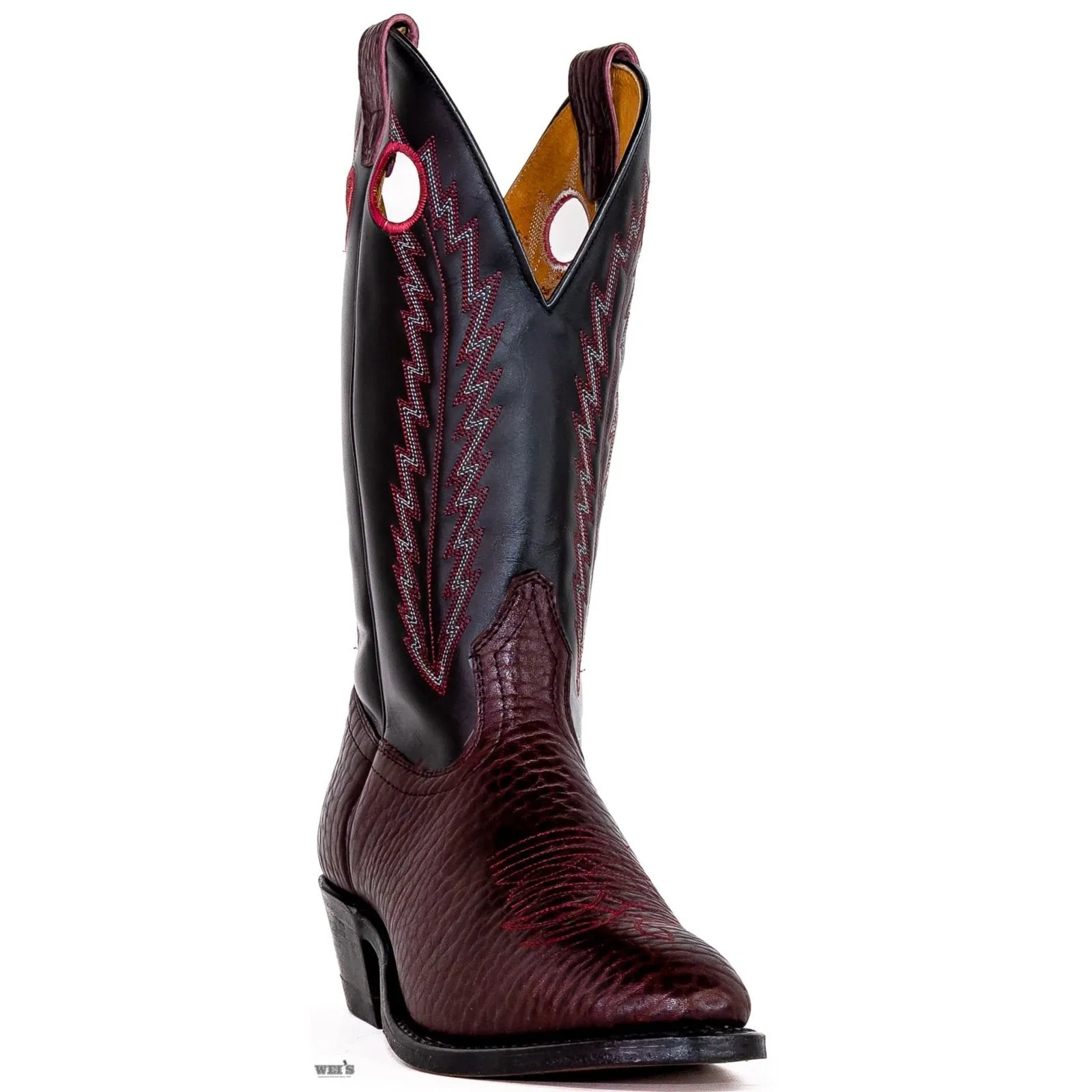 Boulet Men's Cowboy Boots 14" Bullhide Cowboy Heel U Toe with Contrast Embroidery in Black Cherry Vamp