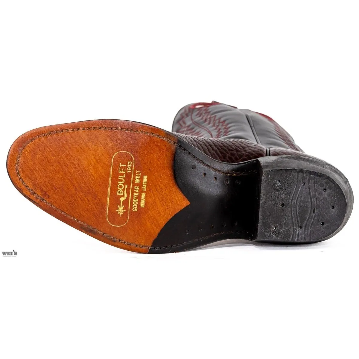 Boulet Men's Cowboy Boots 14" Bullhide Cowboy Heel U Toe with Contrast Embroidery in Black Cherry Vamp