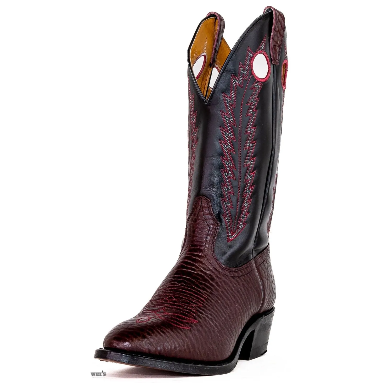 Boulet Men's Cowboy Boots 14" Bullhide Cowboy Heel U Toe with Contrast Embroidery in Black Cherry Vamp