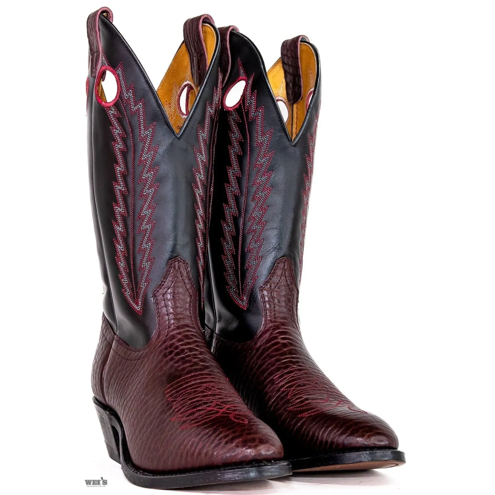 Boulet Men's Cowboy Boots 14" Bullhide Cowboy Heel U Toe with Contrast Embroidery in Black Cherry Vamp