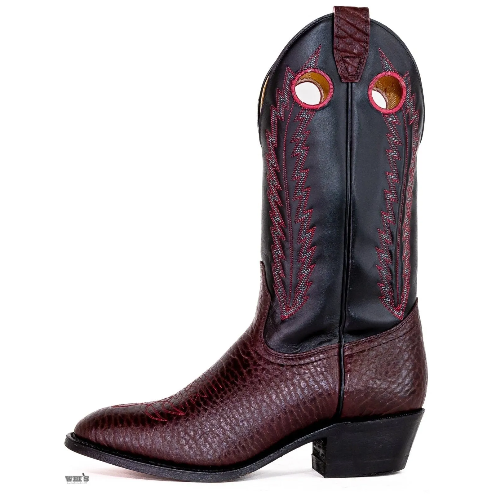 Boulet Men's Cowboy Boots 14" Bullhide Cowboy Heel U Toe with Contrast Embroidery in Black Cherry Vamp