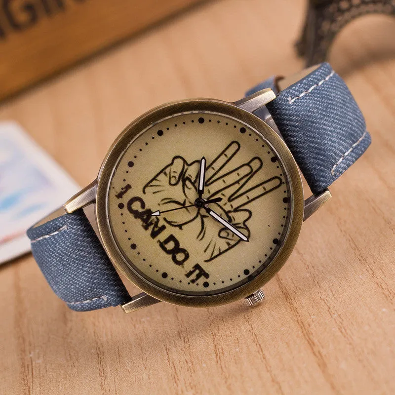 British Retro Denim Print Comics Watch