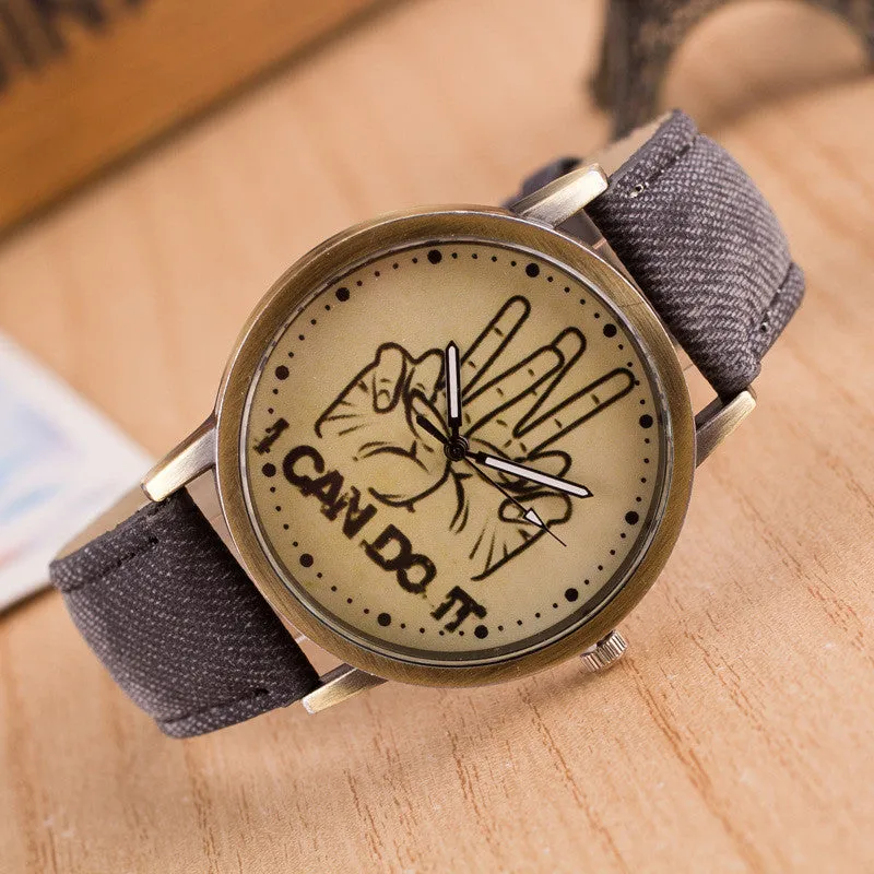 British Retro Denim Print Comics Watch