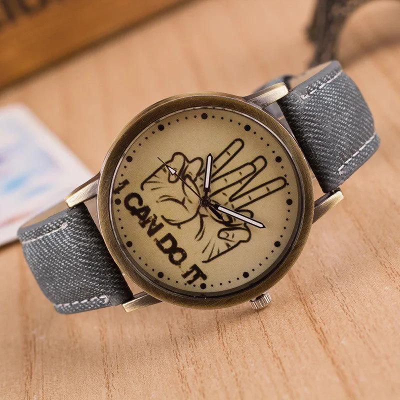 British Retro Denim Print Comics Watch