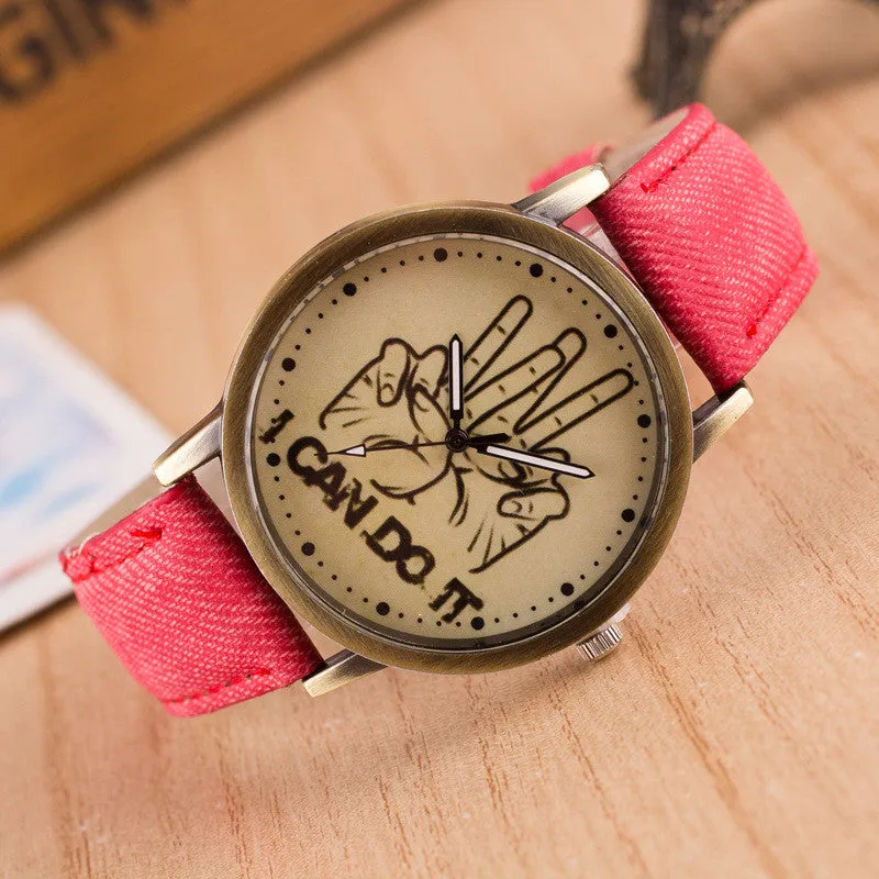 British Retro Denim Print Comics Watch