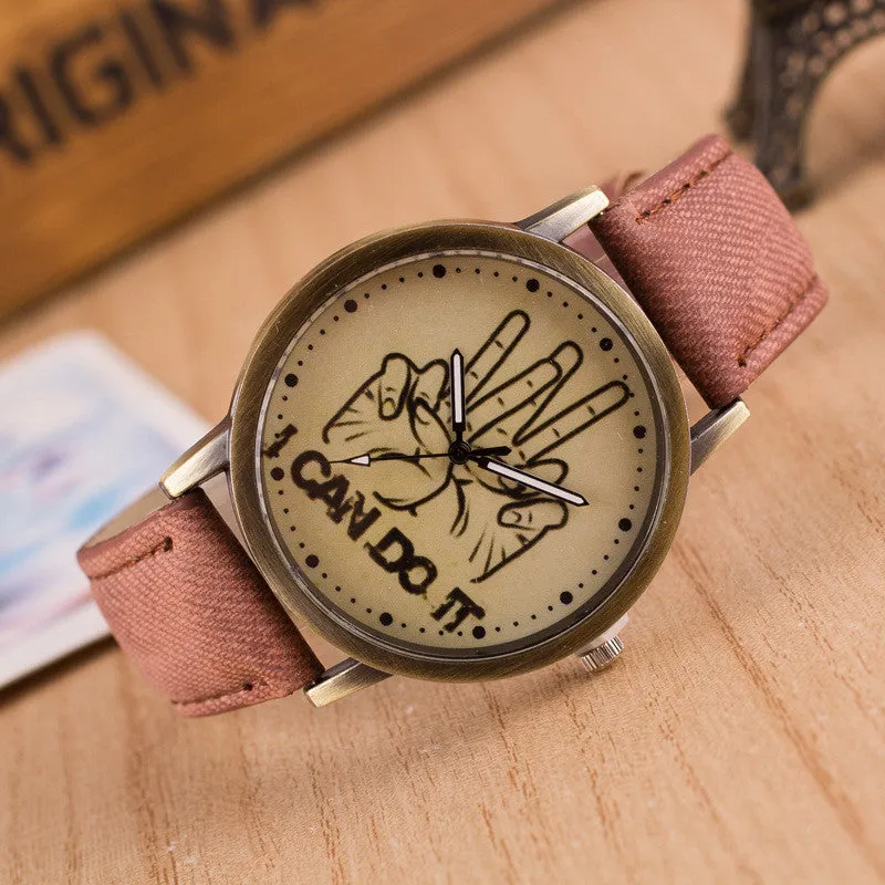 British Retro Denim Print Comics Watch