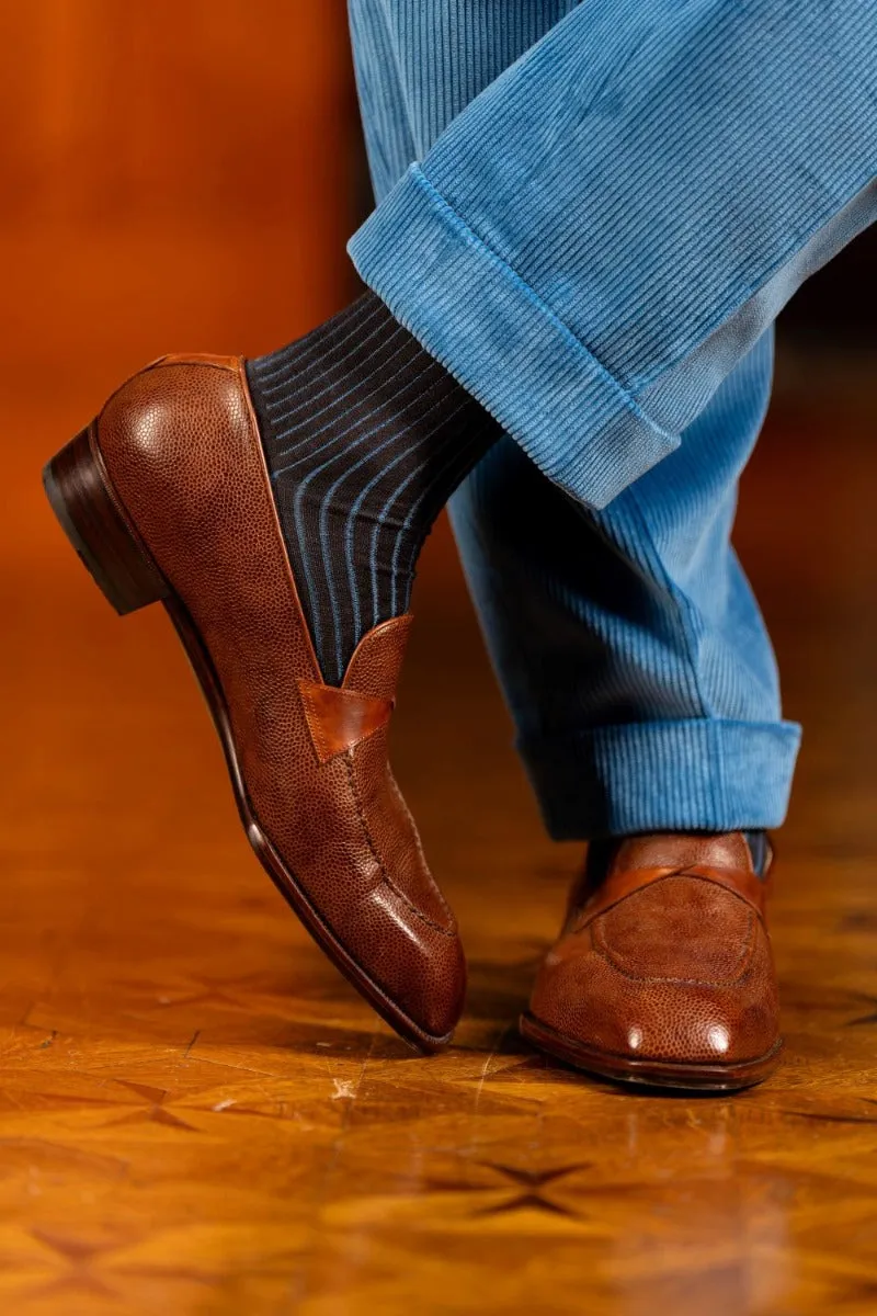 Brown & Bright Blue Shadow Stripe Cotton Socks