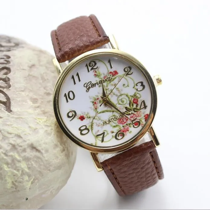 Classic Flower Print Leather Watch