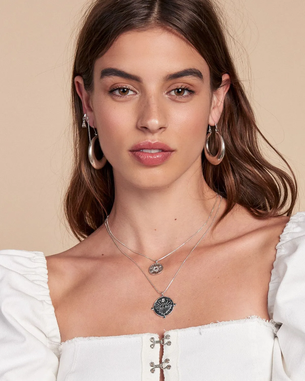 Evil Eye Double Coin Necklace - Silver