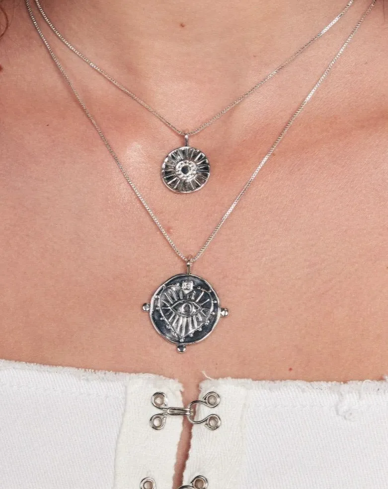 Evil Eye Double Coin Necklace - Silver