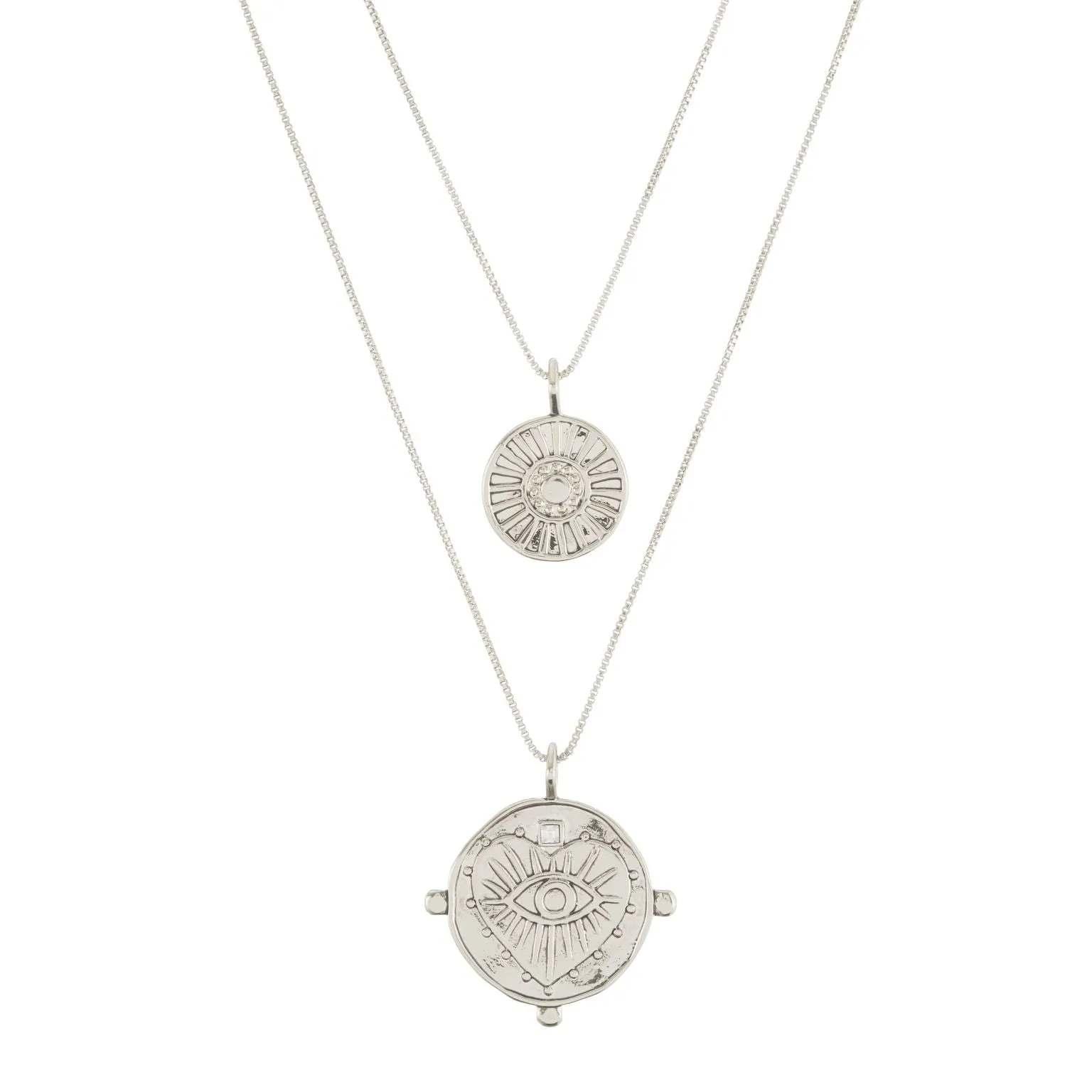 Evil Eye Double Coin Necklace - Silver