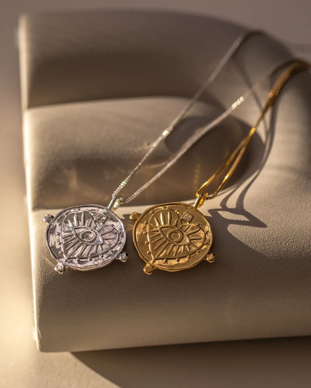 Evil Eye Double Coin Necklace - Silver